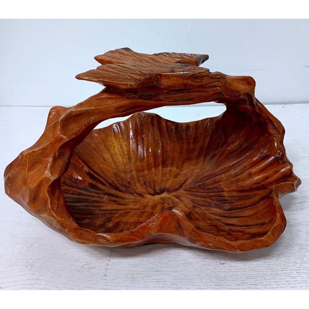 Vintage Hand Carved Wood Bird Basket Brown Rustic Farmhouse Decor Art